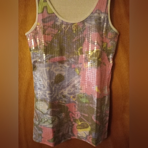 Cool Attitude XL Cotton Pink Multi Sequin Front Floral Design Ribbed Tank - Picture 4 of 7